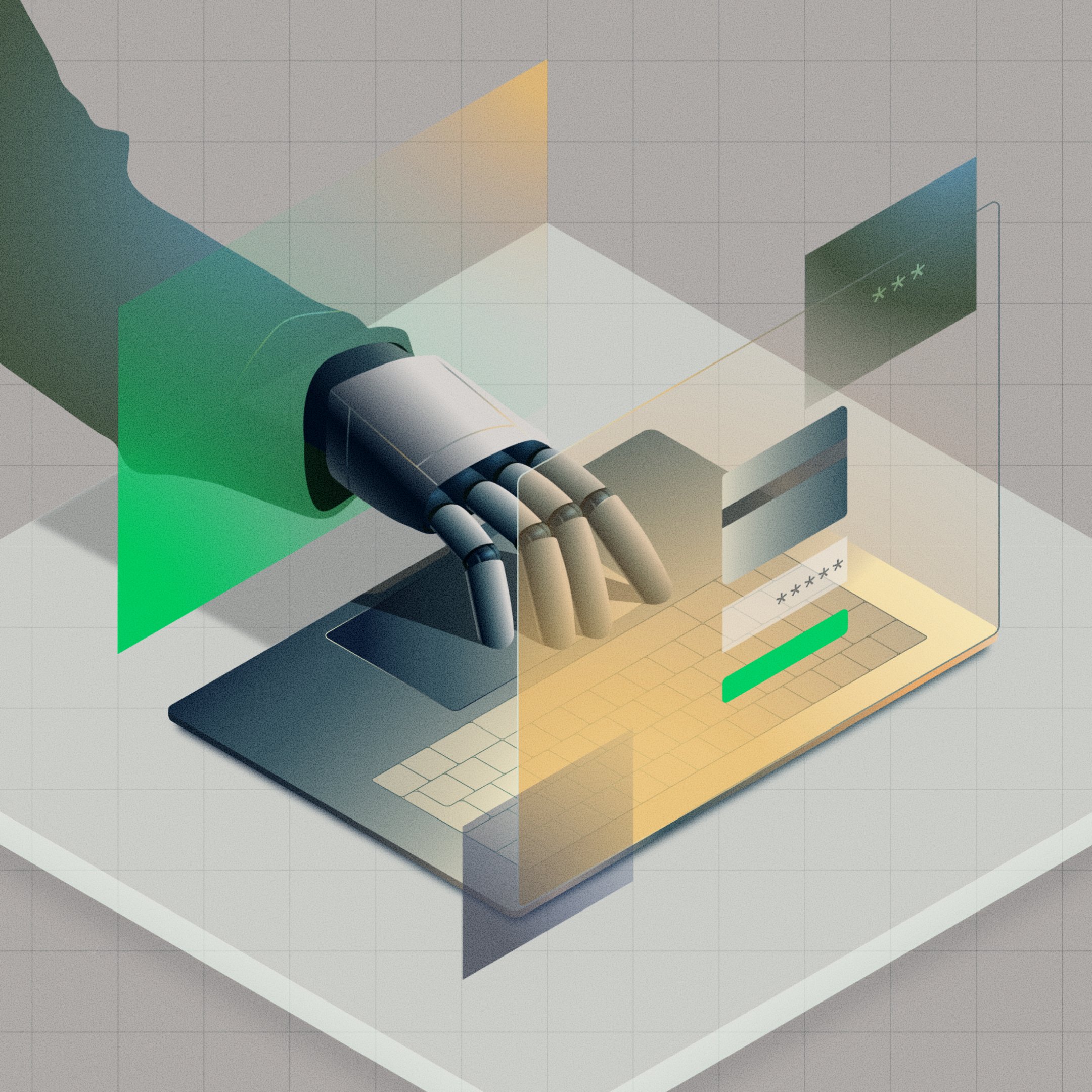 A robotic hand interacts with a digital payment interface on a laptop, representing fintech innovation.