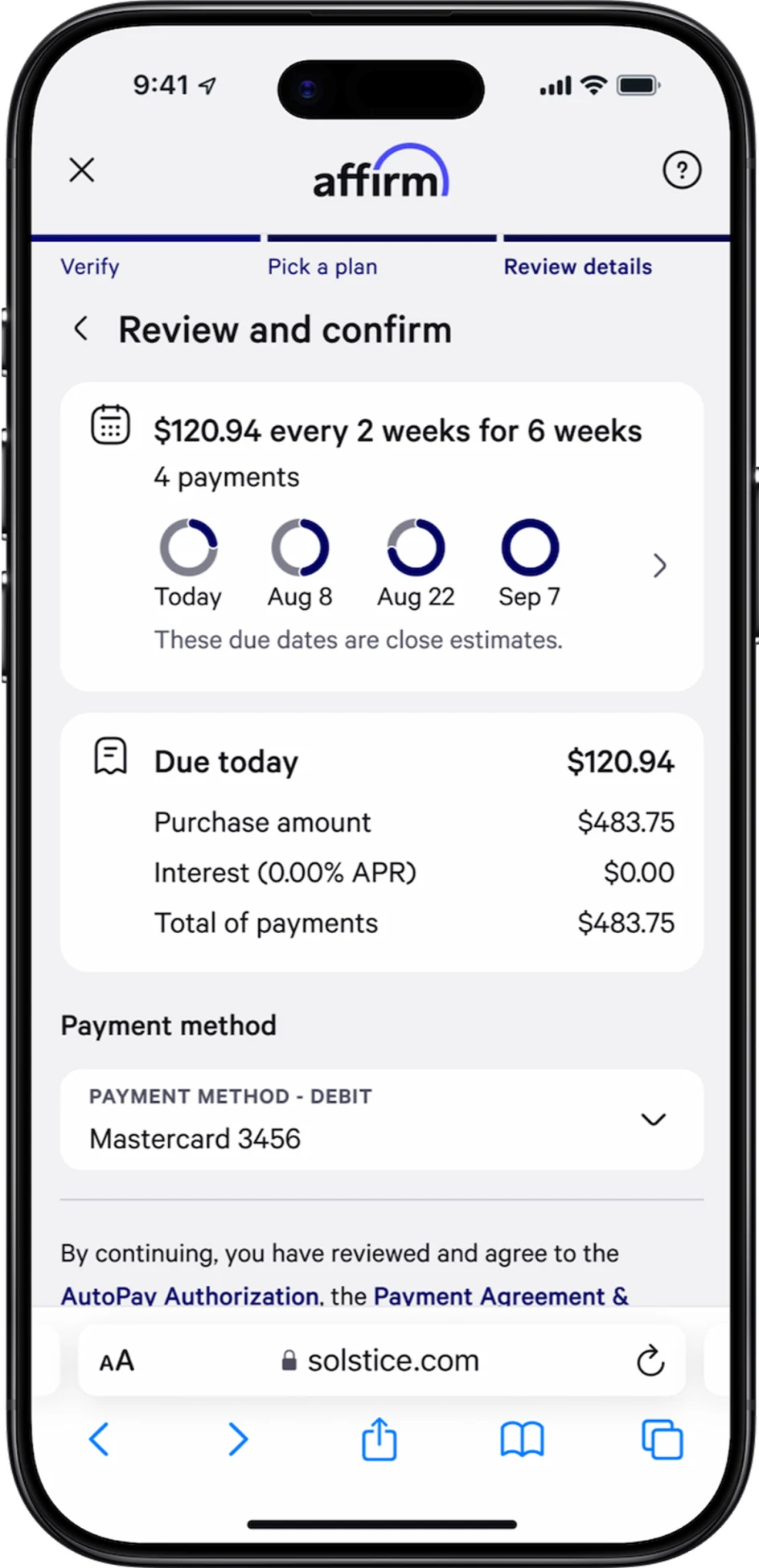 Mobile payment review and confirmation screen showing a recurring payment plan via Adyen.