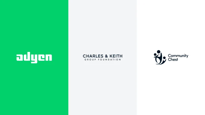 Three logos of Adyen, Charles & Keith Group Foundation, and Community Chest on a white background