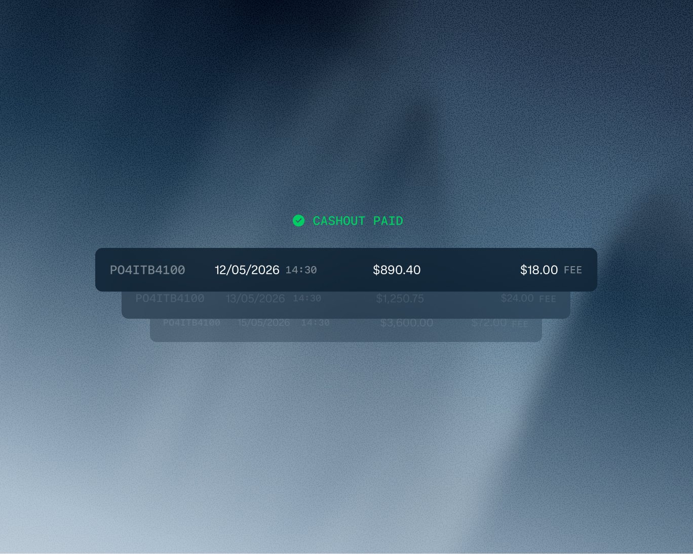 A "Cashout Paid" status label (green checkmark) above a stack of three payout transaction rows.