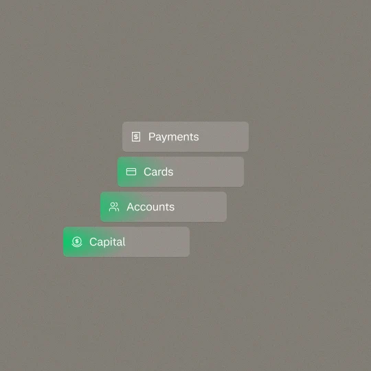 Digital banking interface showing menu options including Payments, Cards, Accounts, and Capital.
