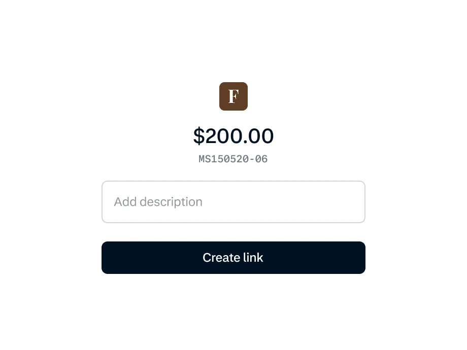 A digital payment screen showing a $200 transaction with an Add description field and Create link button, provided by Adyen.