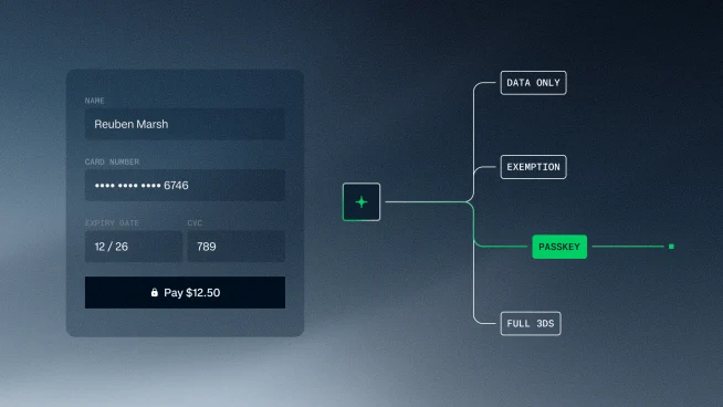 A person using a payment terminal with a card, powered by Adyen, on a dark background screen.