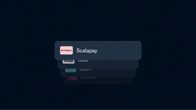 A digital payment interface showing a list of payment options, powered by Adyen.