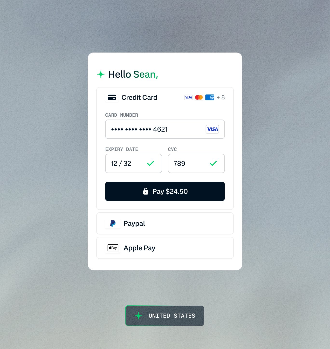Mobile payment screen showing a credit card transaction and alternative payment options by Adyen.