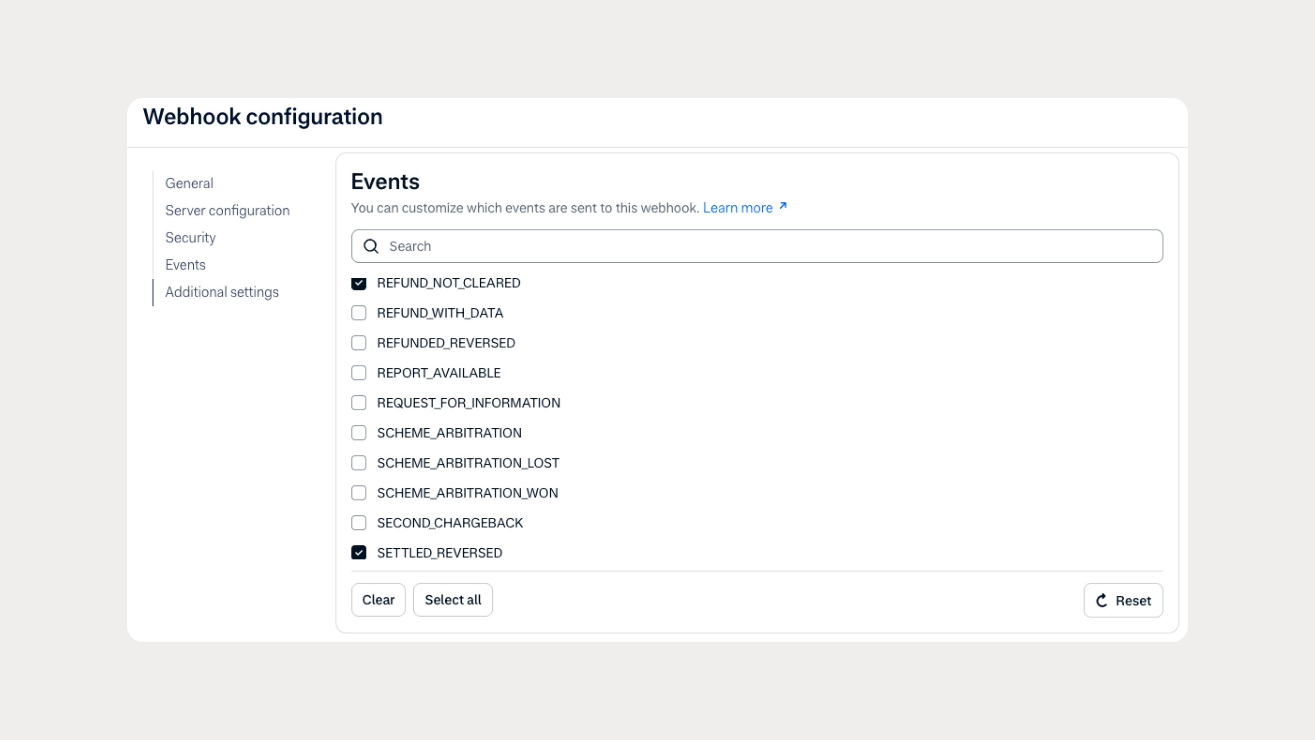 Webcam settings page showing event options and configuration options for an internal Adyen environment.
