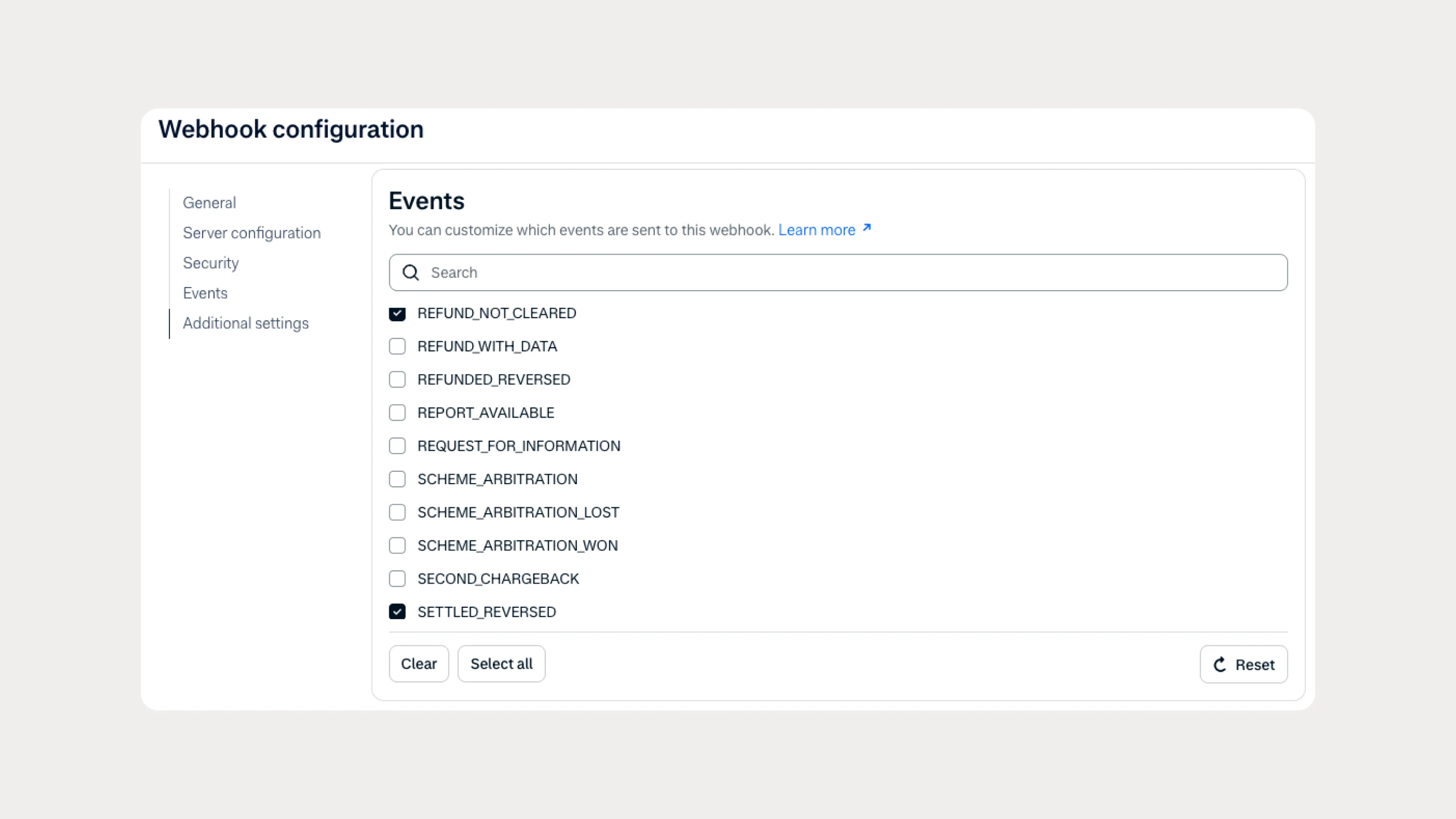 Webcam settings page showing event options and configuration options for an internal Adyen environment.