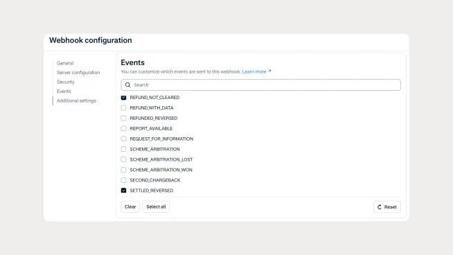 Webcam settings page showing event options and configuration options for an internal Adyen environment.