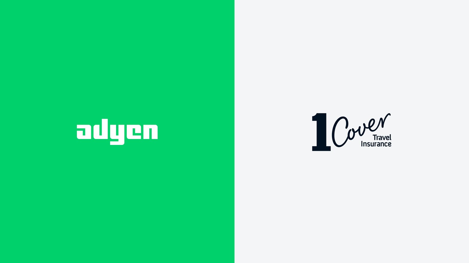 Adyen logo on a split green and white background and 1 Cover travel insurance branding
