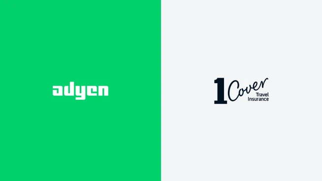 Adyen logo on a split green and white background and 1 Cover travel insurance branding