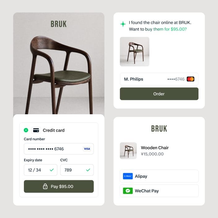 A digital payment screen with credit card, PayPal, and Apple Pay options, showing a transaction via Adyen.