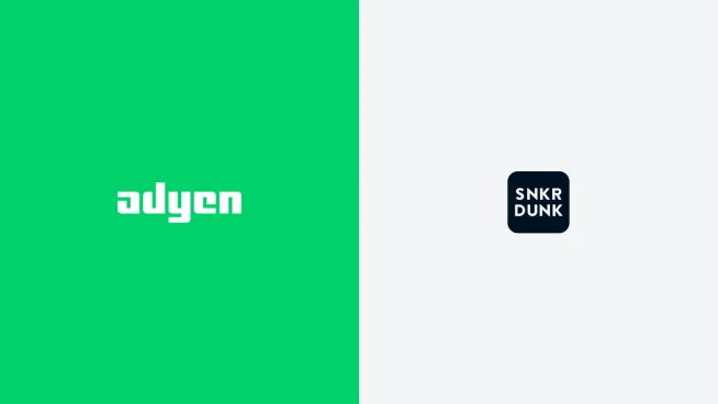 Adyen logo on green background, SNKR DUNK logo on light background, representing brand partnership