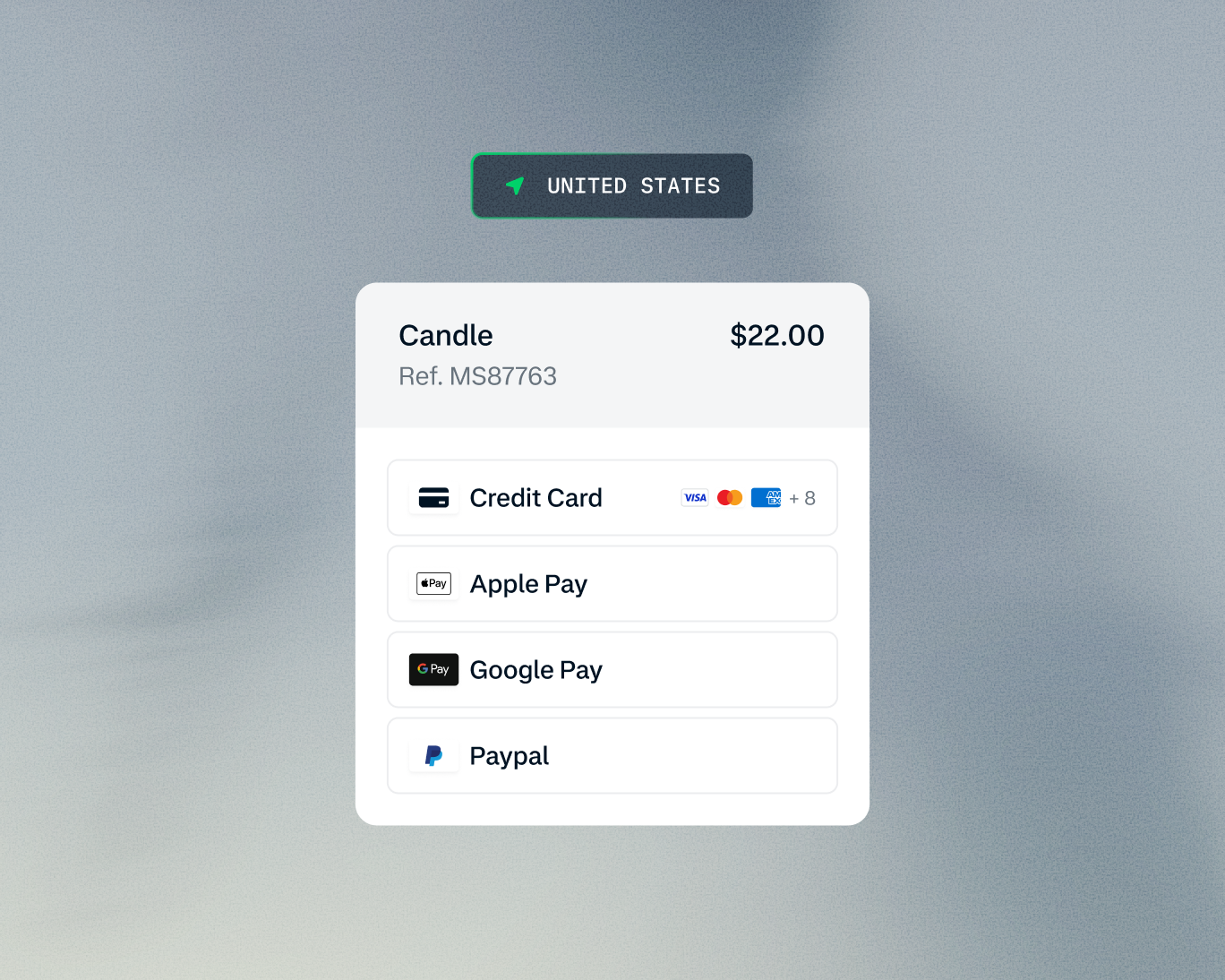 A digital payment screen showing options for credit card, Apple Pay, Google Pay, and PayPal, provided by Adyen.