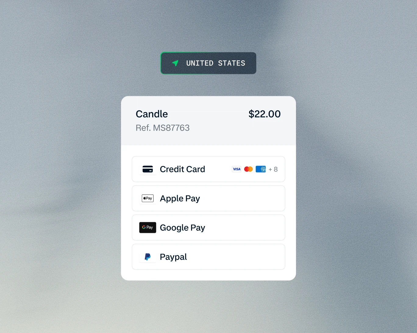 A digital payment screen showing options for credit card, Apple Pay, Google Pay, and PayPal, provided by Adyen.