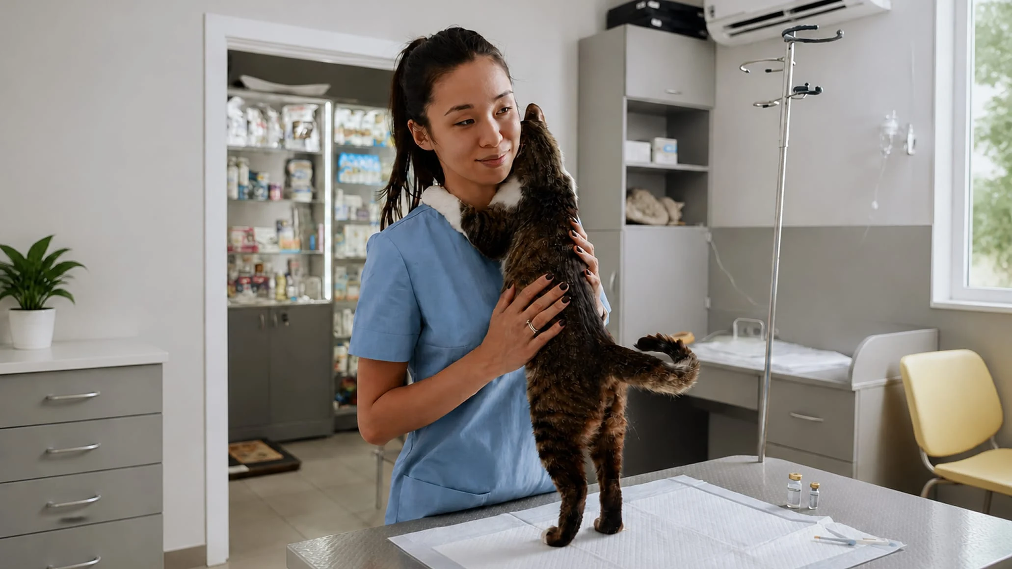 A veterinarian in scrubs holding a cat in a clinic with medical equipment and an Adyen terminal.