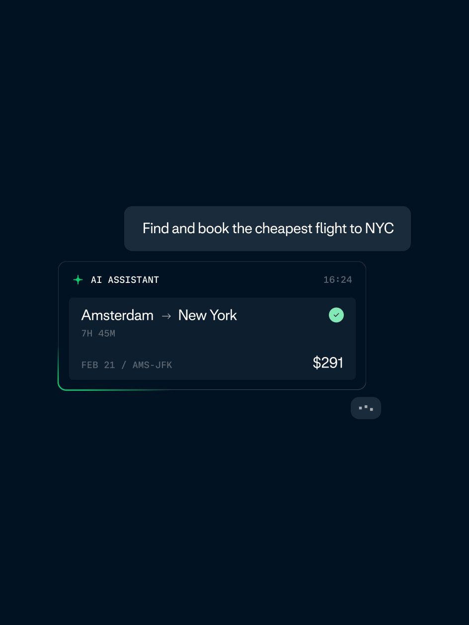 Mobile app screen showing a flight booking from Amsterdam to New York costing 291 dollars