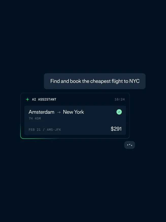 Mobile app screen showing a flight booking from Amsterdam to New York costing 291 dollars
