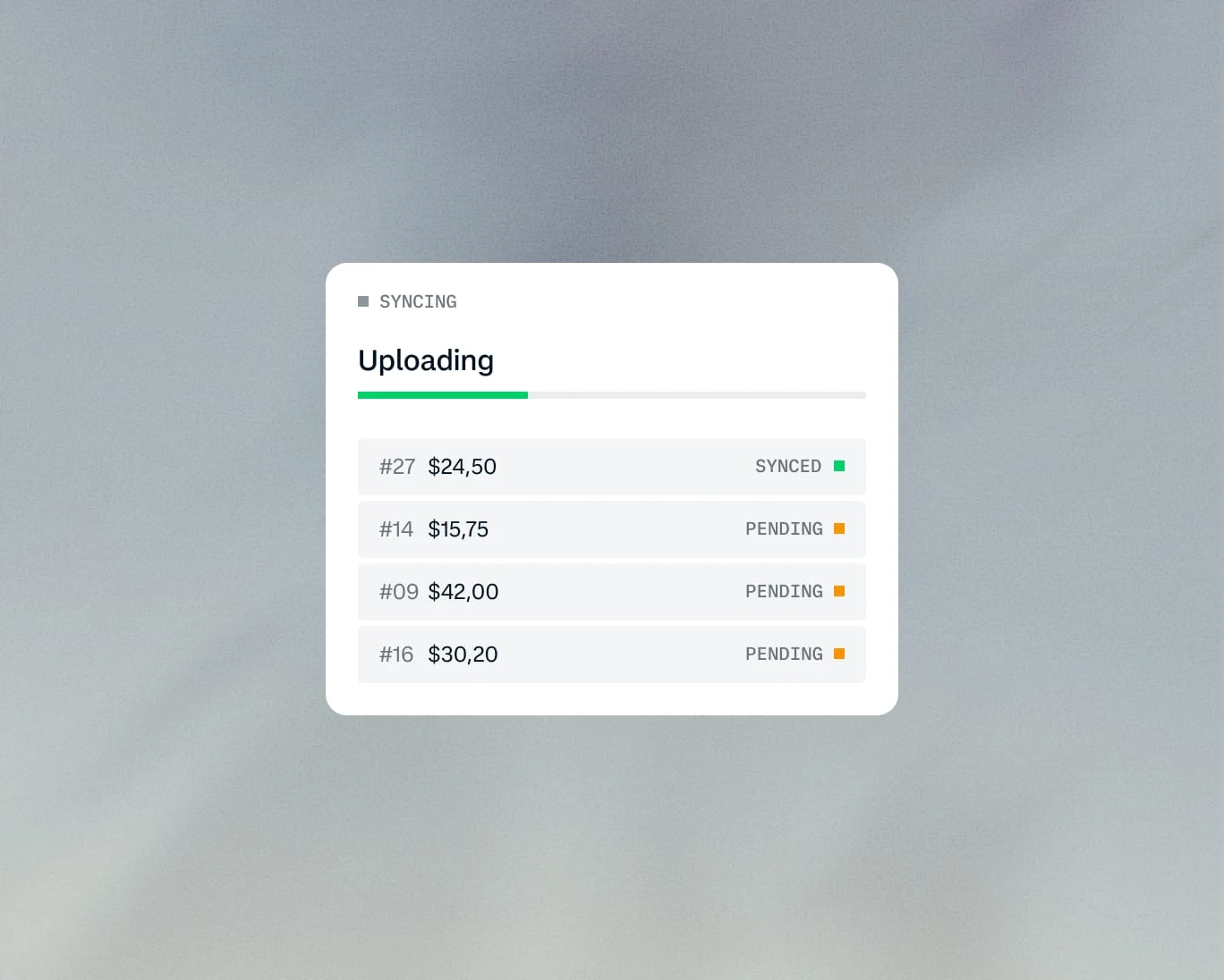 A payment processing dashboard showing transaction statuses and amounts with a sync indicator for a business.