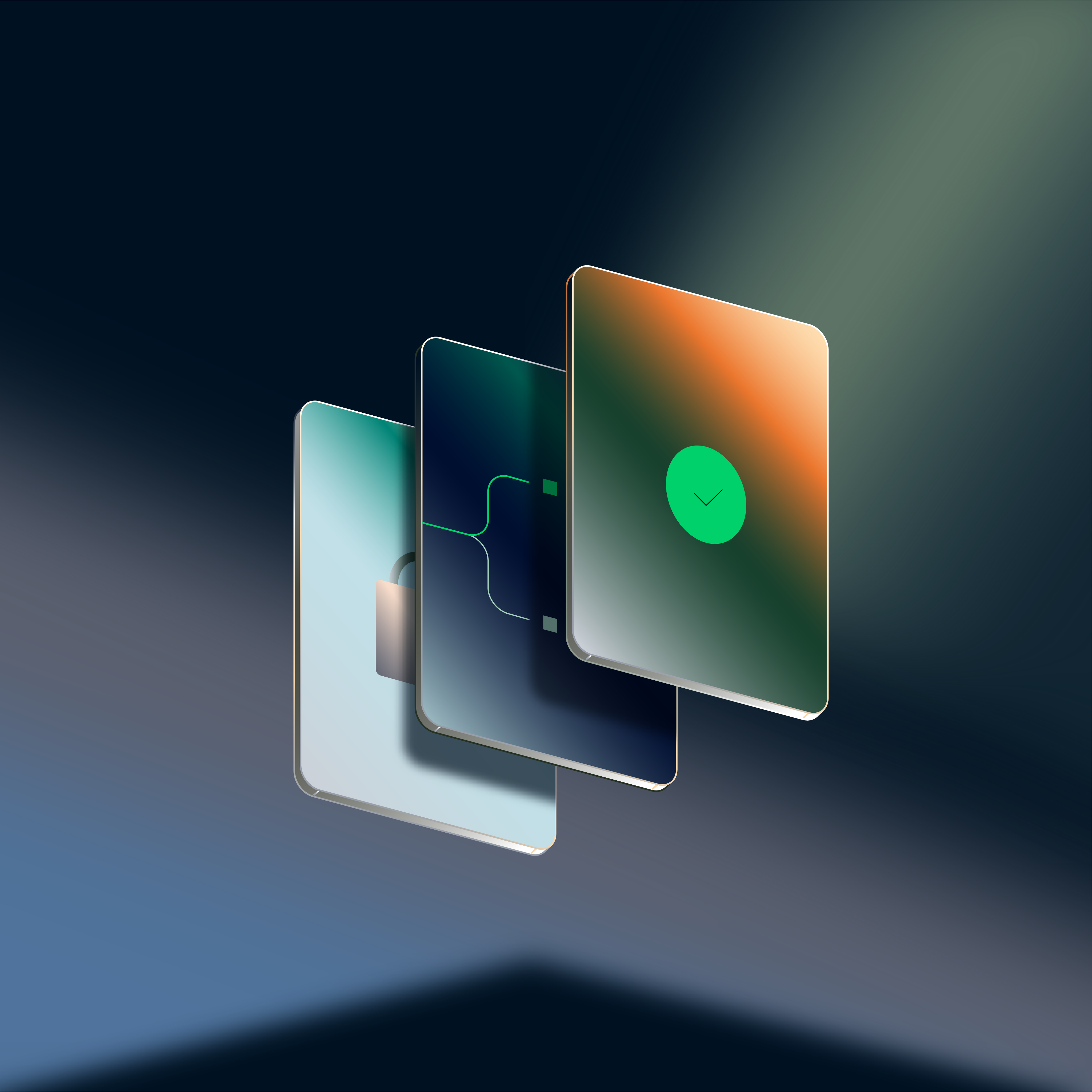 Tre digitale skærme med grønt flueben, der viser en betalingsbekræftelse på en Adyen-terminal.