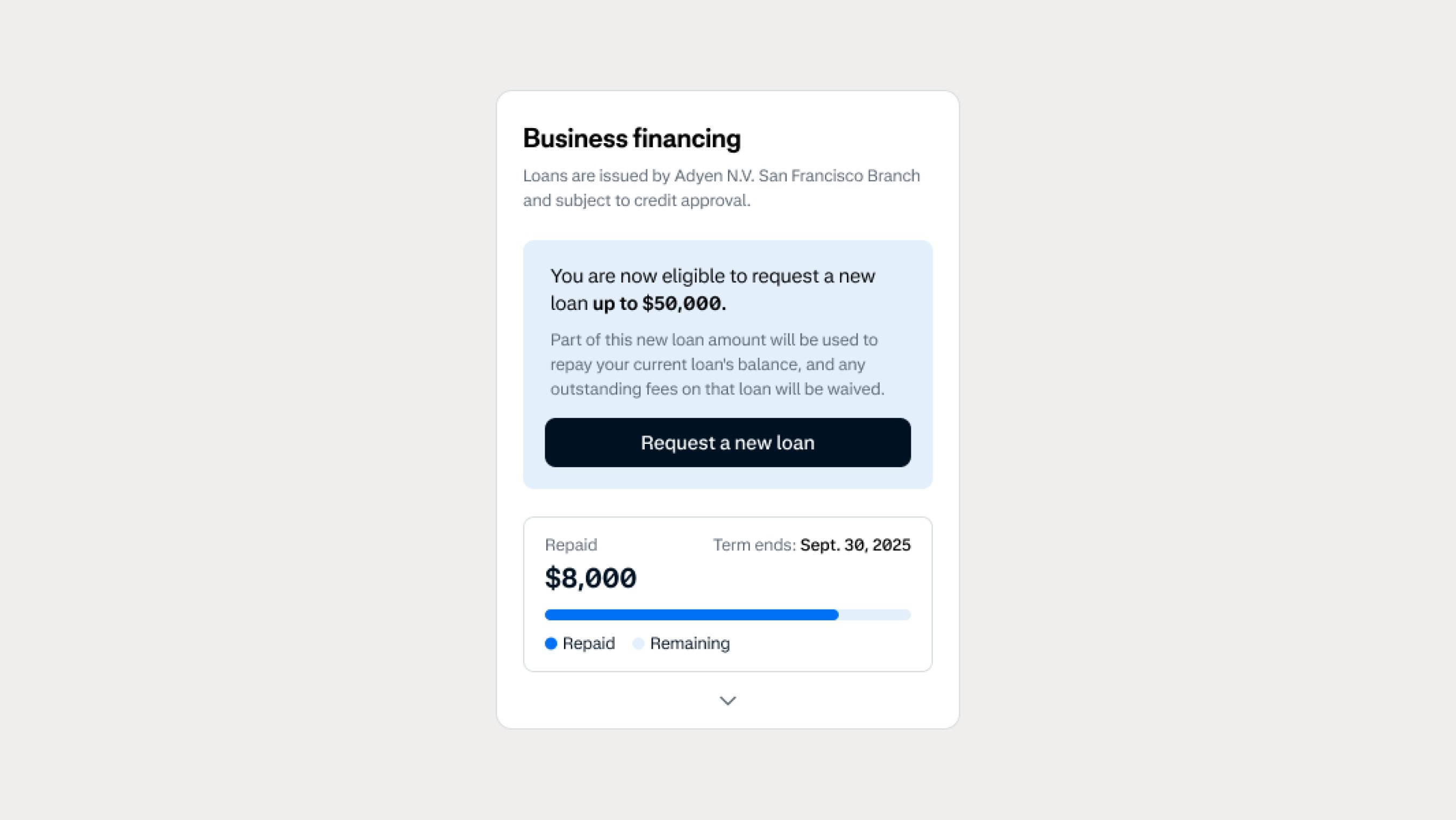 A mobile app screen showing a business loan request and approval details from Adyen