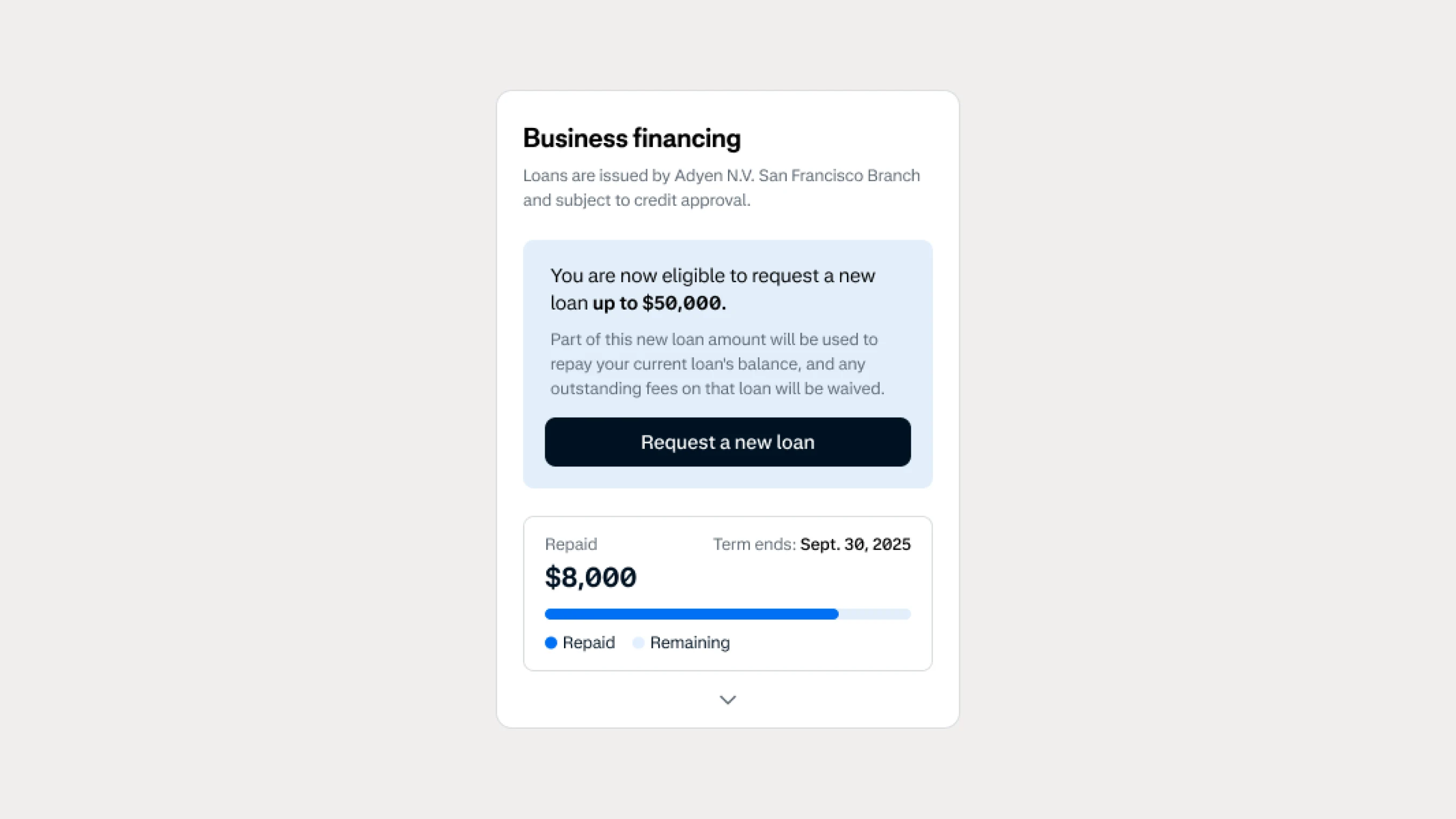A mobile app screen showing a business loan request and approval details from Adyen