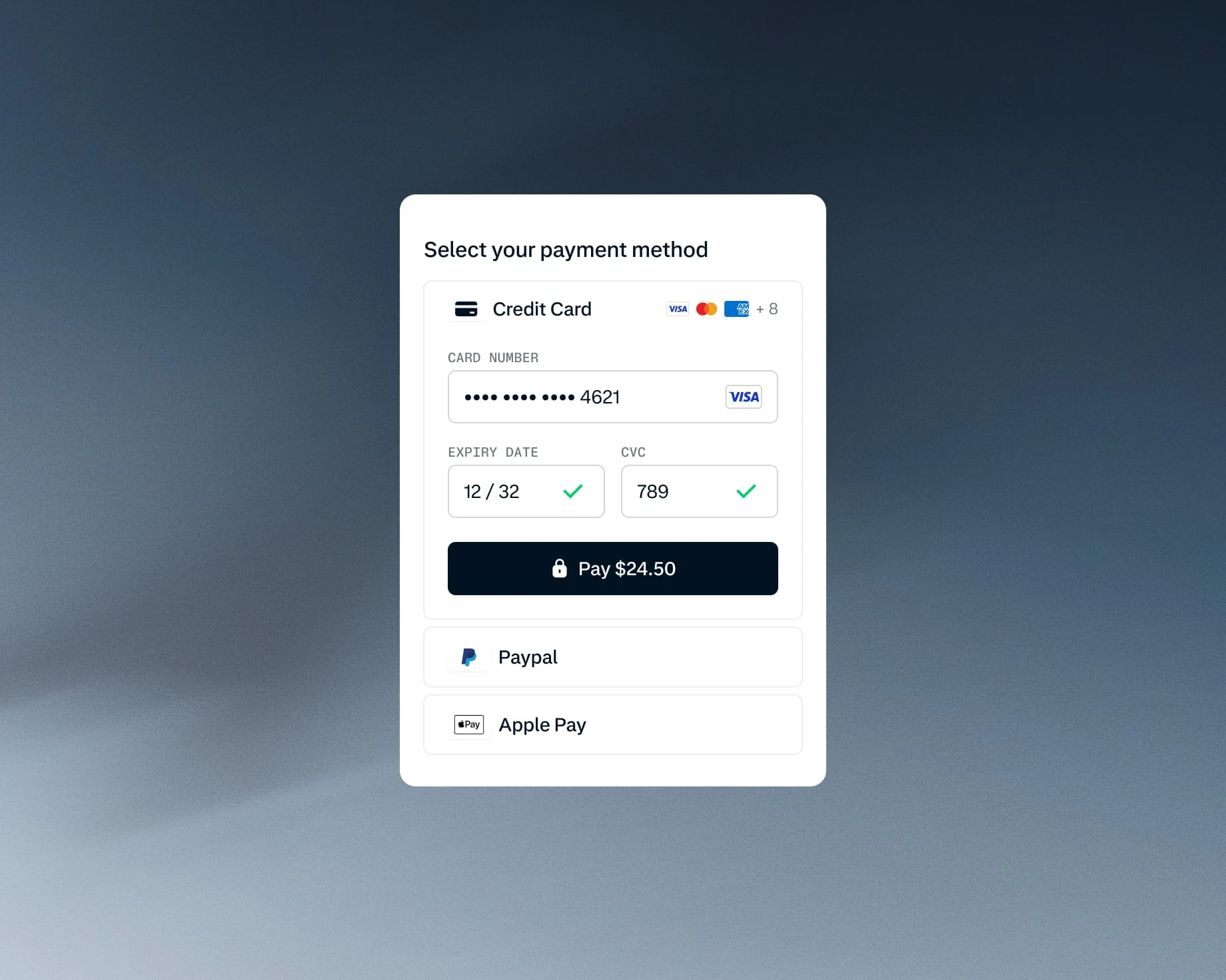 A payment screen showing a credit card, PayPal, and Apple Pay options on a digital device provided by Adyen.