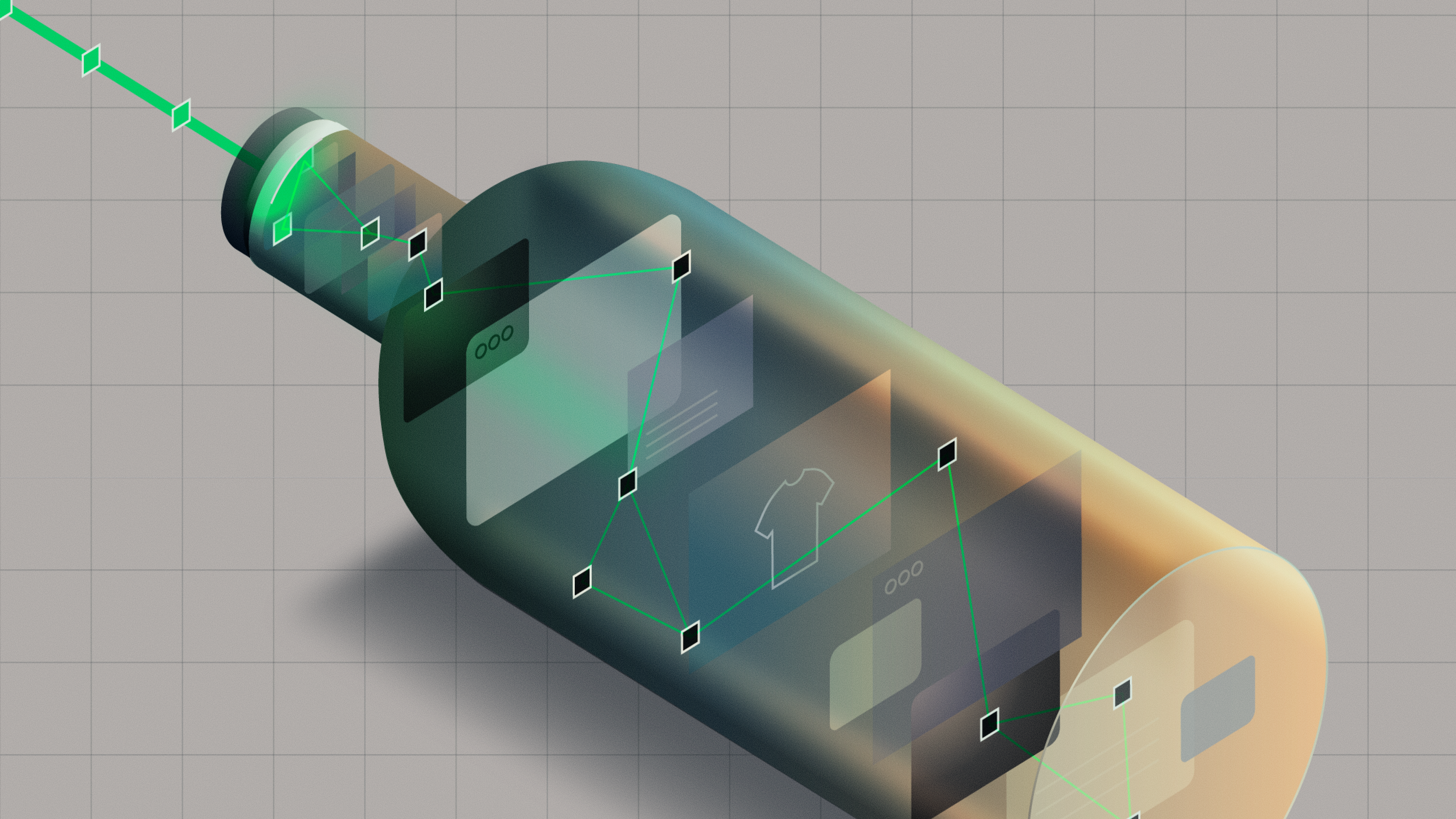 Digital illustration showing a bottle with technical screens in it created for Agentic Commerce - eliminating the integration bottleneck