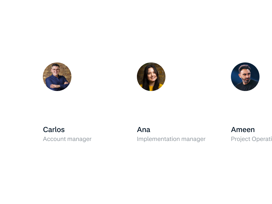 Three Adyen team members with their roles, shown in a professional office setting.