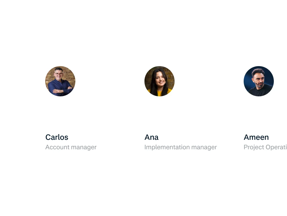 Three Adyen team members with their roles, shown in a professional office setting.