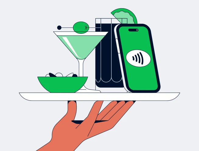 Illustrazione di una mano che tiene un vassoio con un martini, un contenitore di noci e uno smartphone che visualizza un simbolo di pagamento contactless.