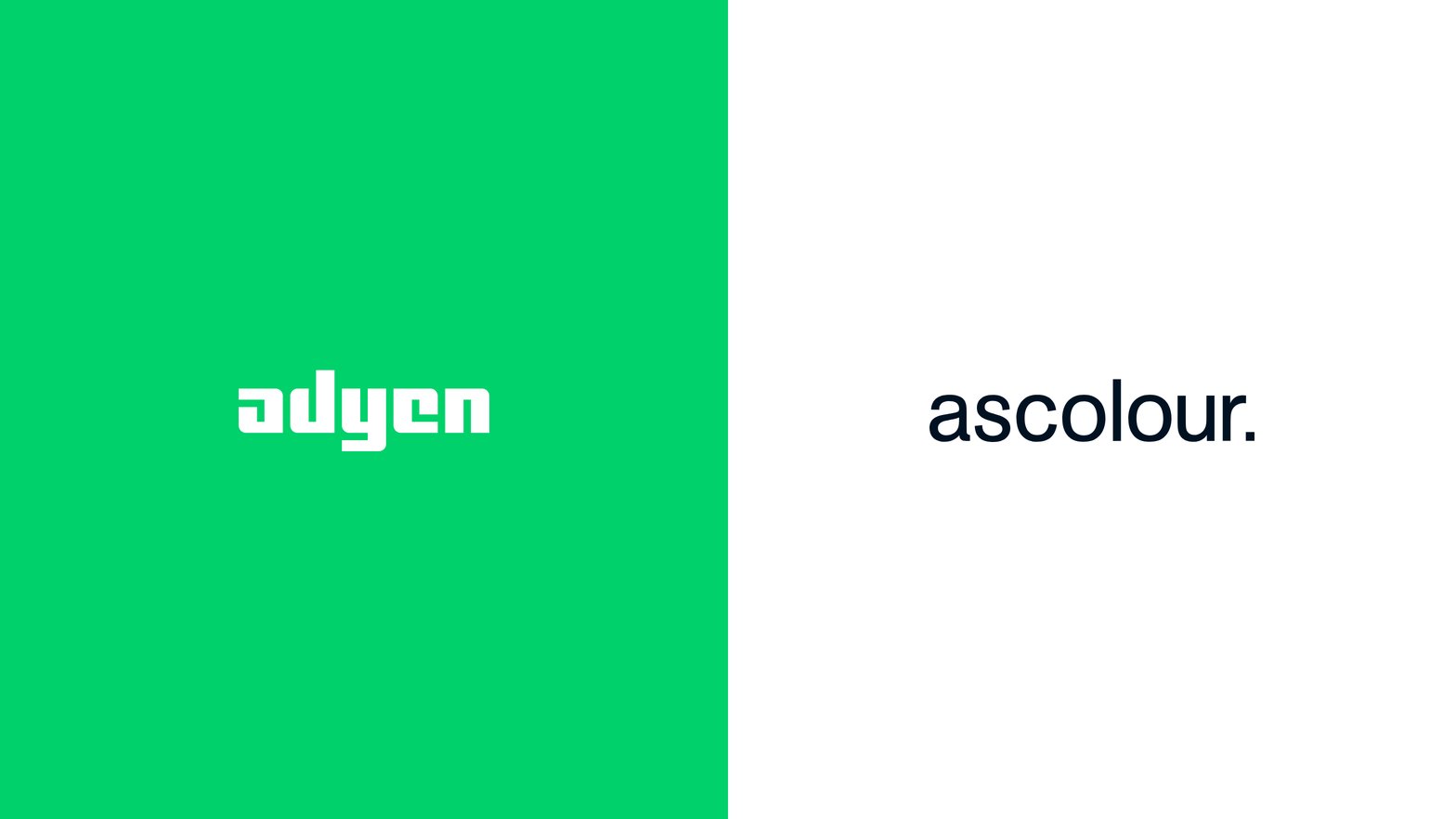 Adyen logo on a green background with the word ascolour, representing branding.