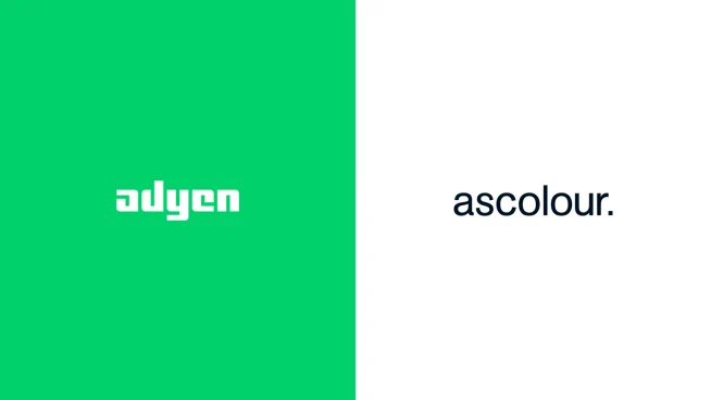 Adyen logo on a green background with the word ascolour, representing branding.