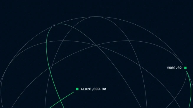 A digital payment network visualization with data points and transaction paths.