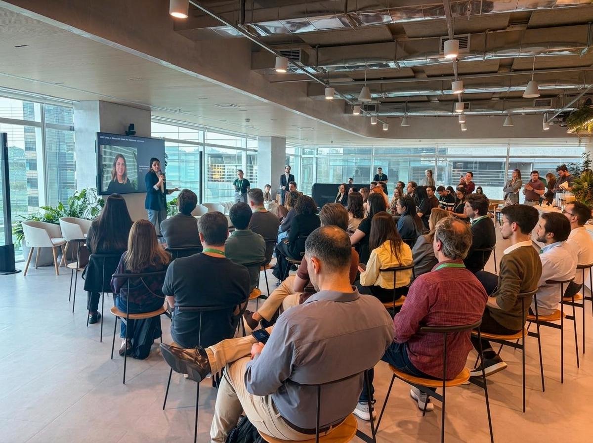 Apresentação corporativa em escritório moderno com público, palestrante e tecnologia de pagamentos Adyen.