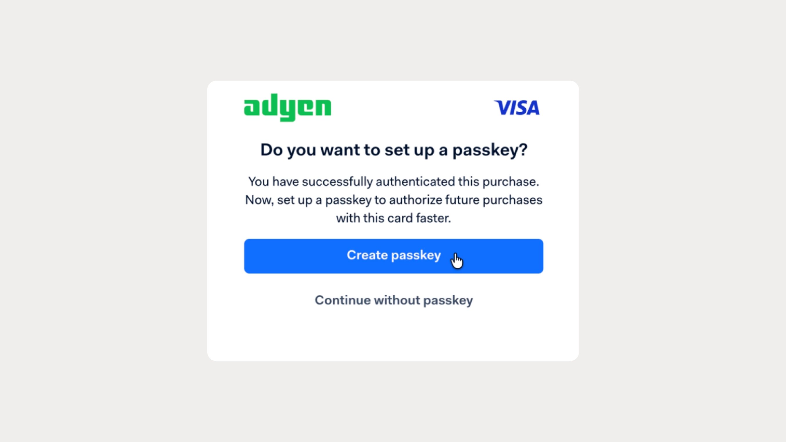 A digital screen showing a Visa payment setup prompt for a passkey, displayed by an Adyen payment system.