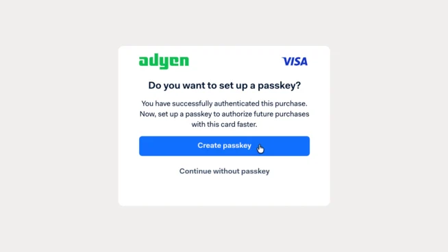 A digital screen showing a Visa payment setup prompt for a passkey, displayed by an Adyen payment system.