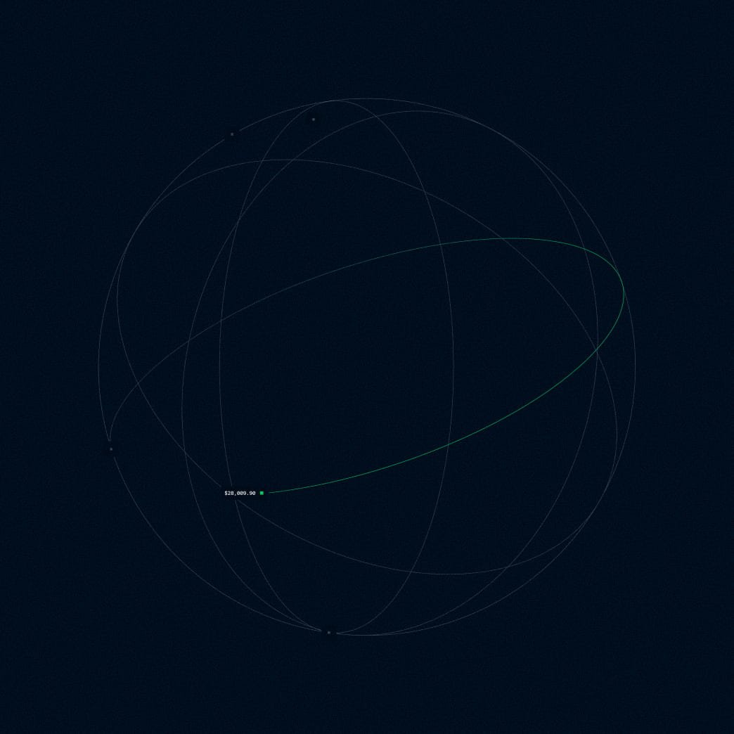 A digital simulation of planetary orbits around a central point, illustrating complex network paths.