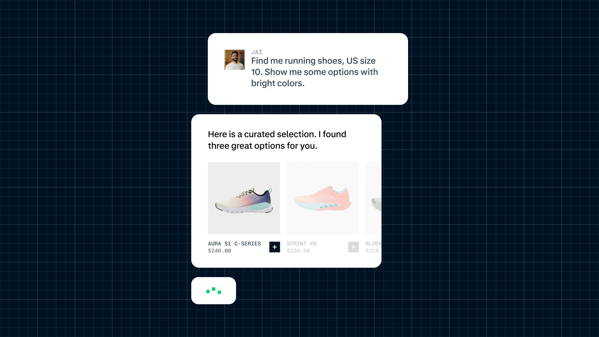 A screenshot of a digital shopping assistant offering shoe options to a customer.