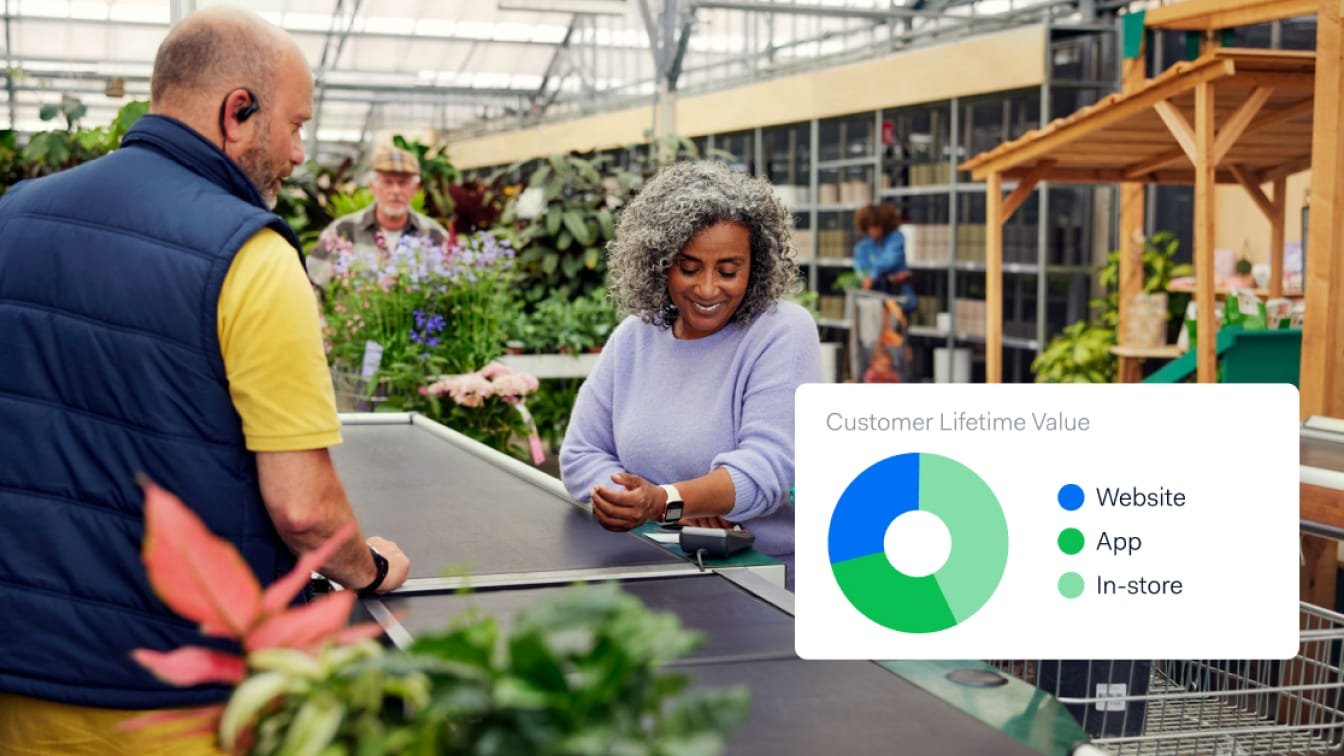 Woman making a payment at a garden center with Adyen's point of sale device and a data visualization graph.