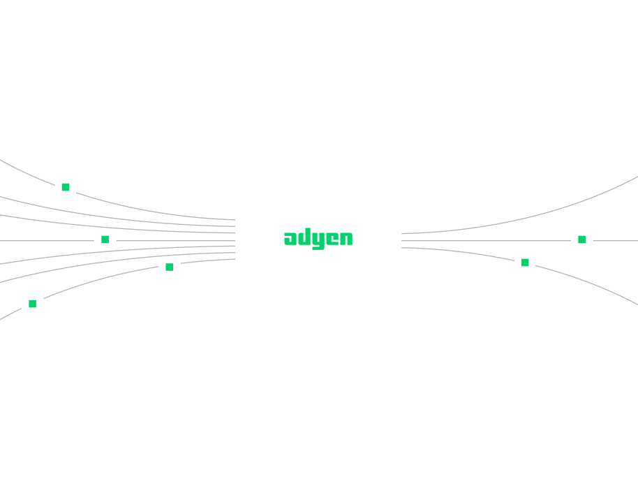 Adyen logo with digital network graphics representing payment solutions and technology.