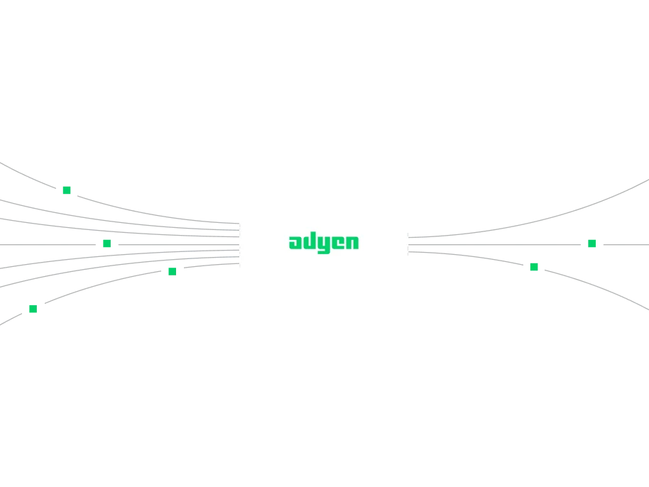 Adyen logo with digital network graphics representing payment solutions and technology.