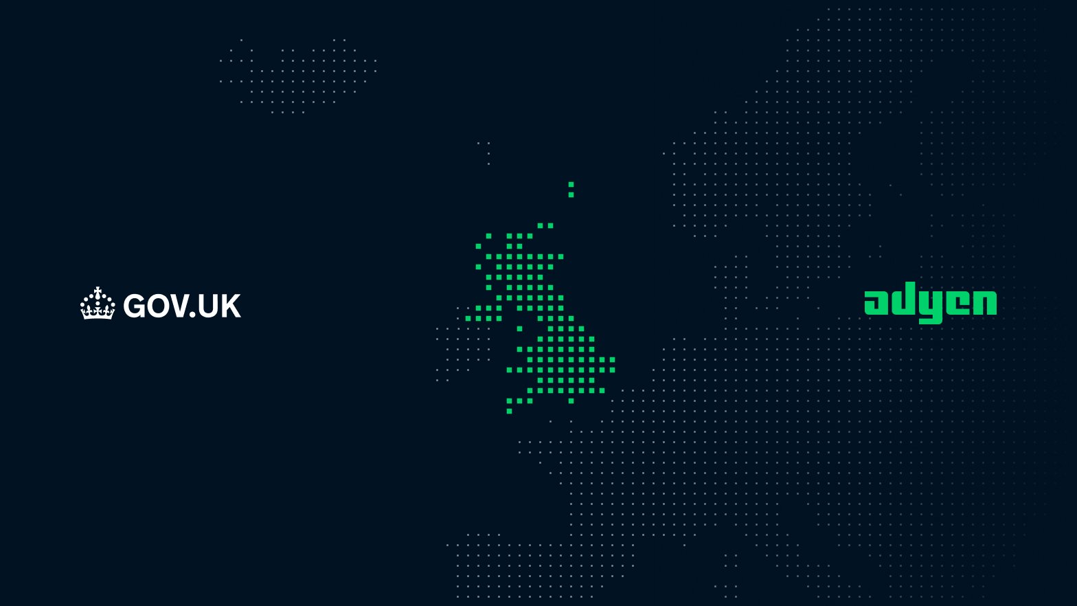 Map of the UK with Adyen branding and digital graphics representing payment technology.