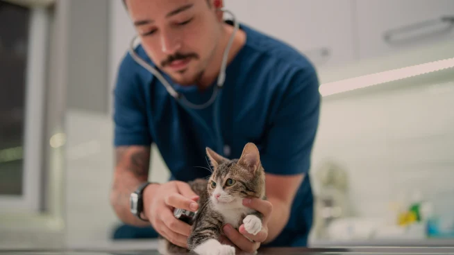 persons at vet engaging with pets