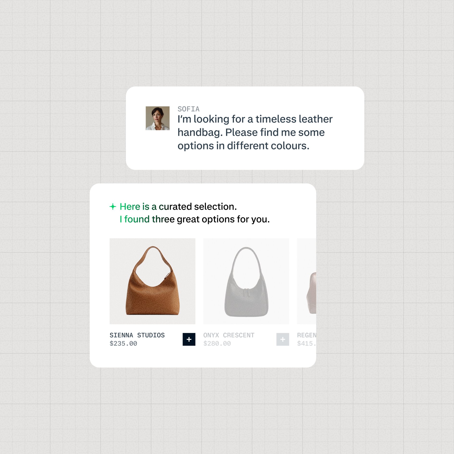 Customer browsing curated sneaker options with a prompt for bright colors.