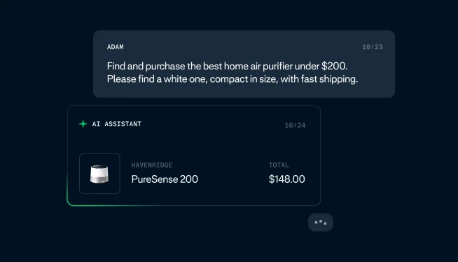 Chat interface showing a payment request and approval for a PureSense 200 air purifier under 200 dollars.