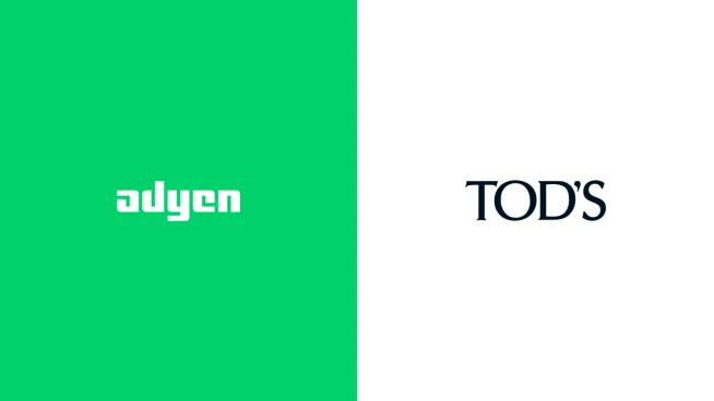 Adyen logo on a green background next to Tod’s logo on a white background.