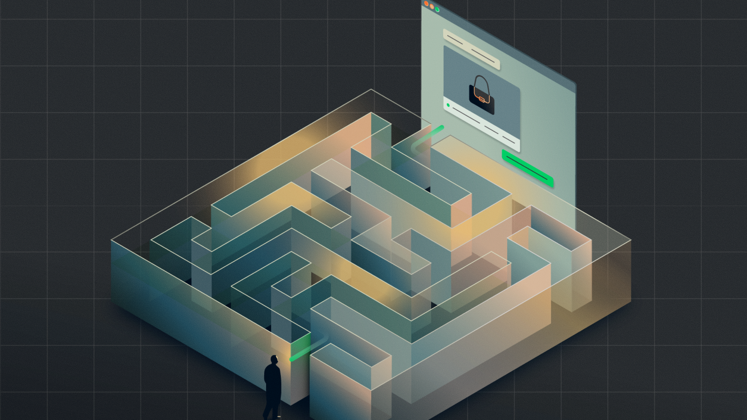 An isometric view of a digital maze with an Adyen payment window in the background.