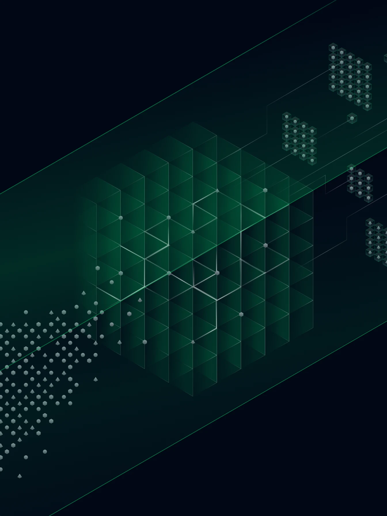 Abstract digital illustration of interconnected 3D blocks and data points, representing data or payments