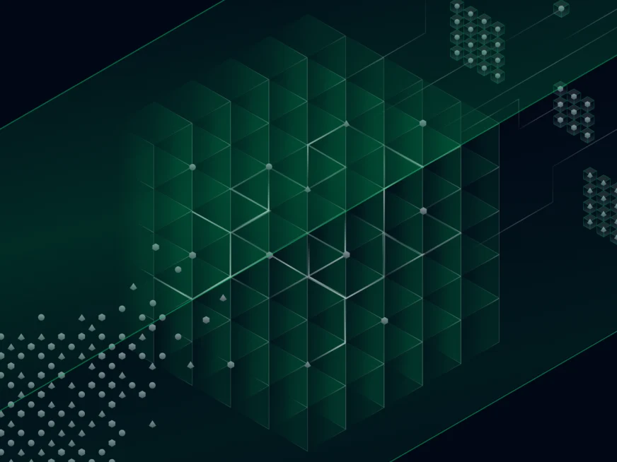 Abstract digital illustration of interconnected 3D blocks and data points, representing data or payments