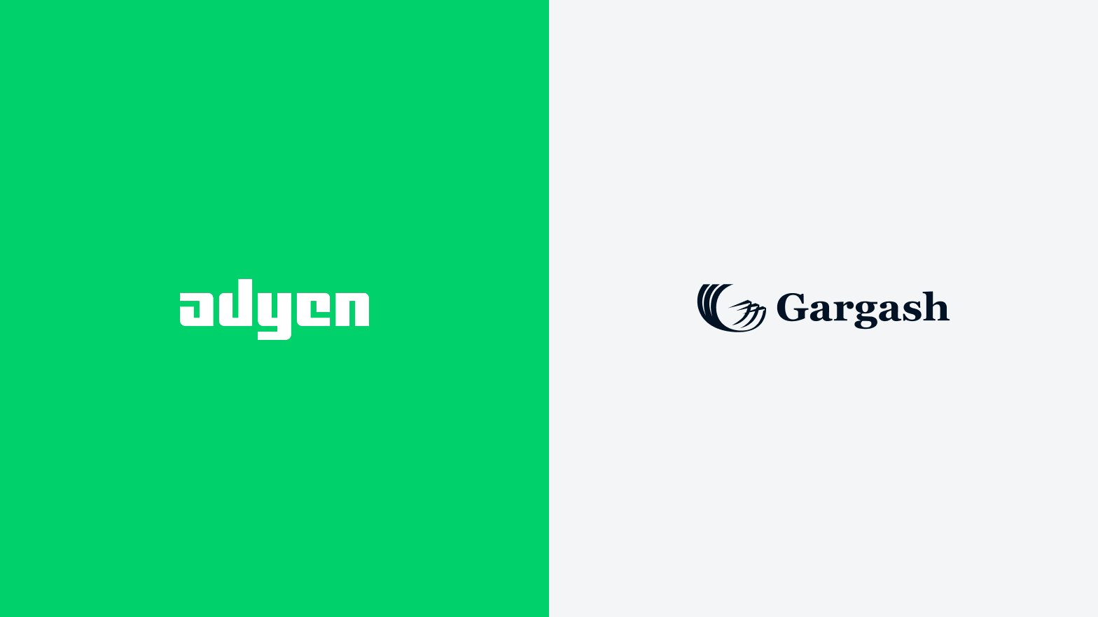 Adyen logo on green background and Gargash logo on white background side by side